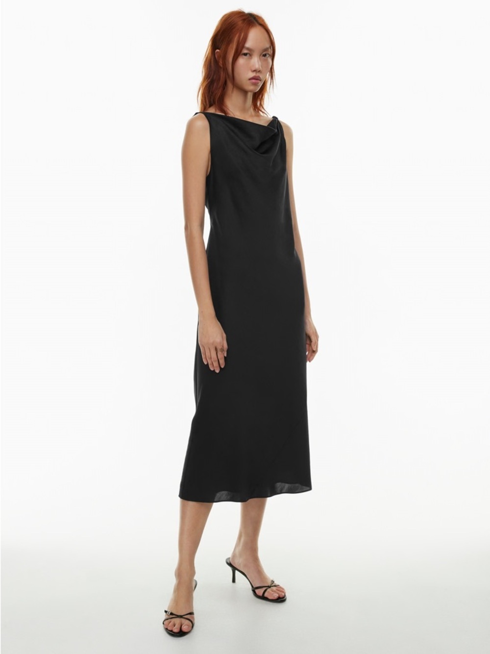 Wilfred Goddess Satin Dress Midi Sleeveless Cowl Neck Drapey Black Aritzia